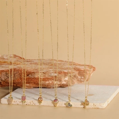 Copper 14K Gold Plated Vintage Style Minimalist Commute Inlay Ice Cream Tree Flower Zircon Pendant Necklace