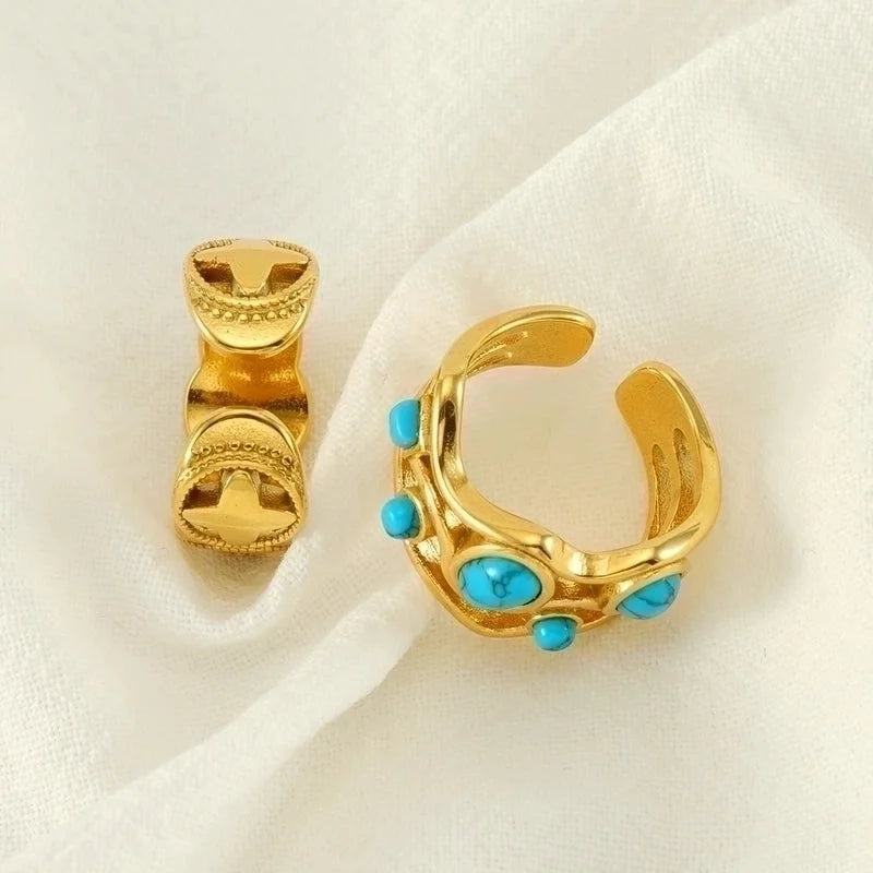 304 Stainless Steel 18K Gold Plated Minimalist Plating Inlay Round Natural Stone Open Rings