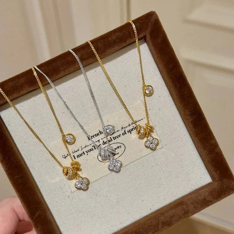 Elegant Lady Four Leaf Clover Flower Copper Mixed Metal Rings Bracelets Necklace