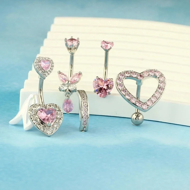 1 Piece 1 Set Belly Rings Hip-Hop Shiny Heart Shape 316L Stainless Steel Copper Inlay Zircon Belly Rings