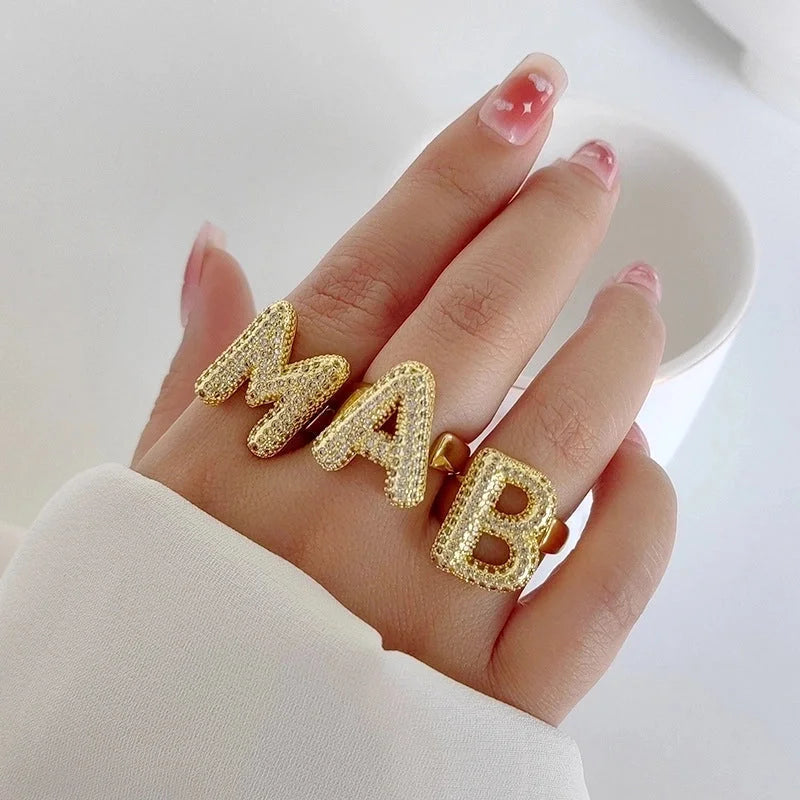 Copper Inlay Letter Zircon Open Rings
