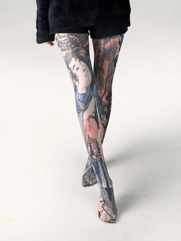 Thin Printed Pantyhose Spring And Autumn Versatile Butterfly Wild Abstract Retro Stockings Women's Socks Anti-snagging