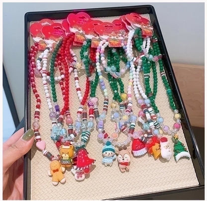 Cute Christmas Tree Santa Claus Elk Resin Beaded Christmas Kid's Jewelry Set