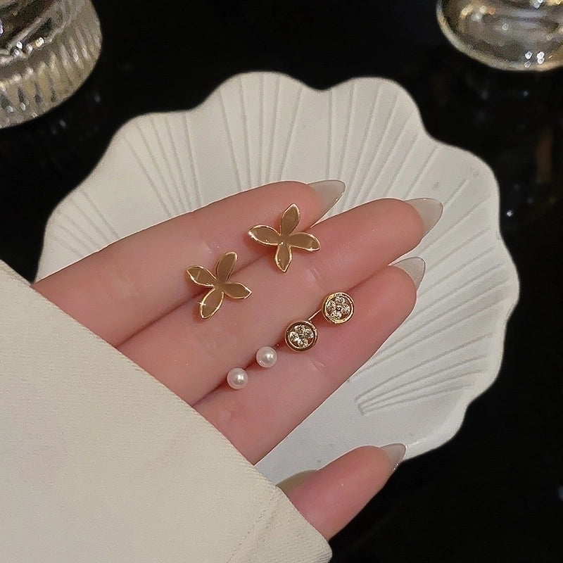 1 Set Minimalist Geometric Enamel Plating Inlay Copper Rhinestones Opal Shell Earrings