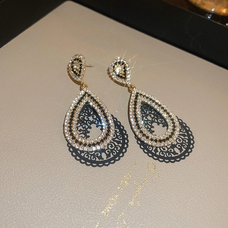 1 Pair Retro Color Block Heart Shape Pleated Inlay Copper Rhinestones Drop Earrings