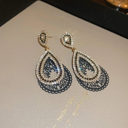 1 Pair Retro Color Block Heart Shape Pleated Inlay Copper Rhinestones Drop Earrings