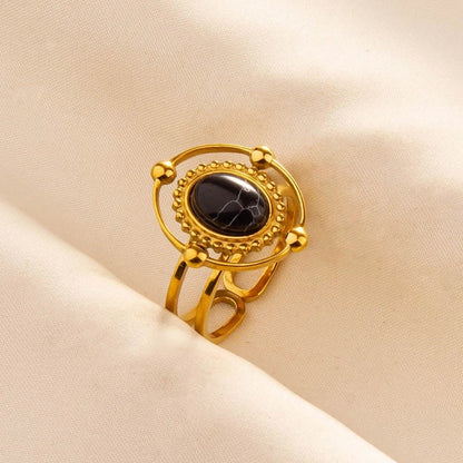 5 Pieces 304 Stainless Steel Retro Inlay Oval Artificial Gemstones Rings