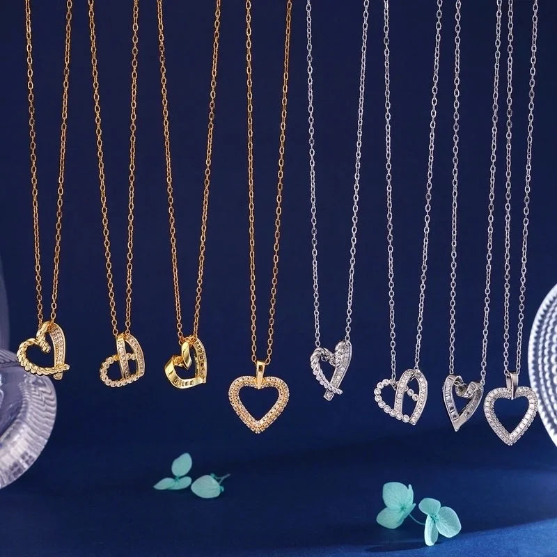 304 Stainless Steel Copper Inlay Heart Shape Zircon Pendant Necklace