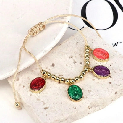 Copper Beaded Enamel Human Virgin Mary Oval Bracelets