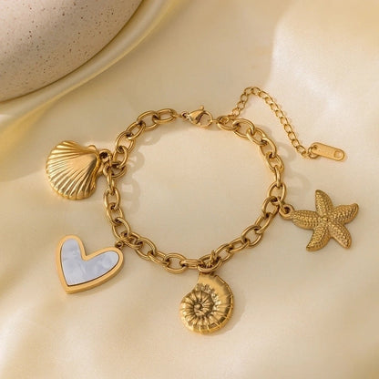 Hawaiian Vacation Beach Starfish Heart Shape Shell 304 Stainless Steel 18K Gold Plated Acrylic Cable Chain Bracelets In Bulk