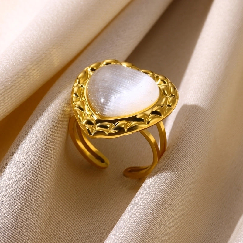 Elegant French Style Sweet Heart Shape 304 Stainless Steel Synthetic Gemstones Open Rings