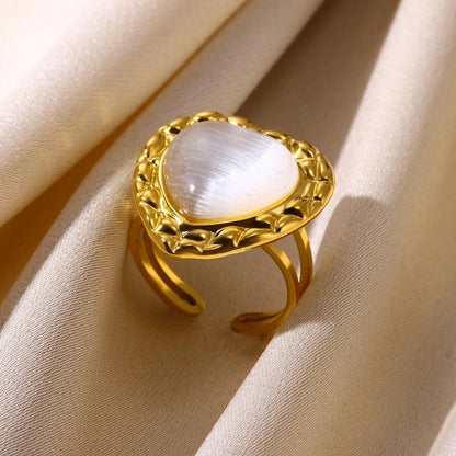 Elegant French Style Sweet Heart Shape 304 Stainless Steel Synthetic Gemstones Open Rings