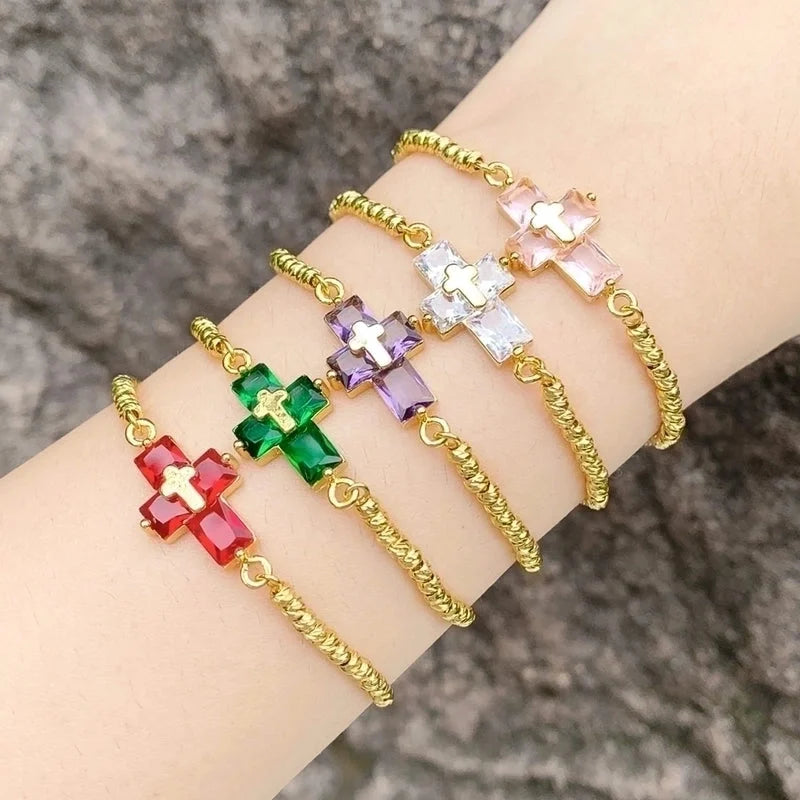 Ig Style Fashion Minimalist Cross Copper 18k Gold Plated Zircon Bracelets In Bulk