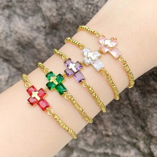 Ig Style Fashion Minimalist Cross Copper 18k Gold Plated Zircon Bracelets In Bulk