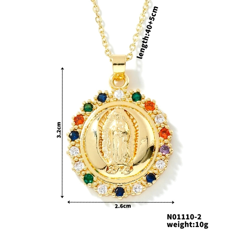 Vintage Style Classic Style Geometric Round Virgin Mary 304 Stainless Steel Copper Zircon K Gold Plated Inlay Pendant Necklace