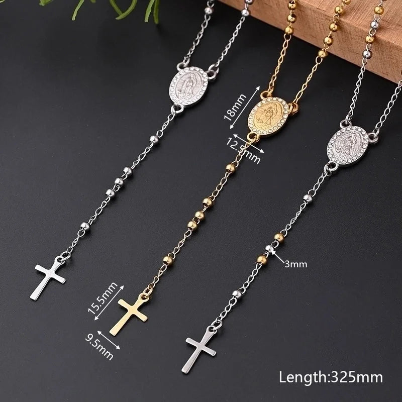 IG Style Casual Classical Cross Round Beads Virgin Mary 304 Stainless Steel Rhinestones 18K Gold Plated Handmade Plating Inlay Necklace
