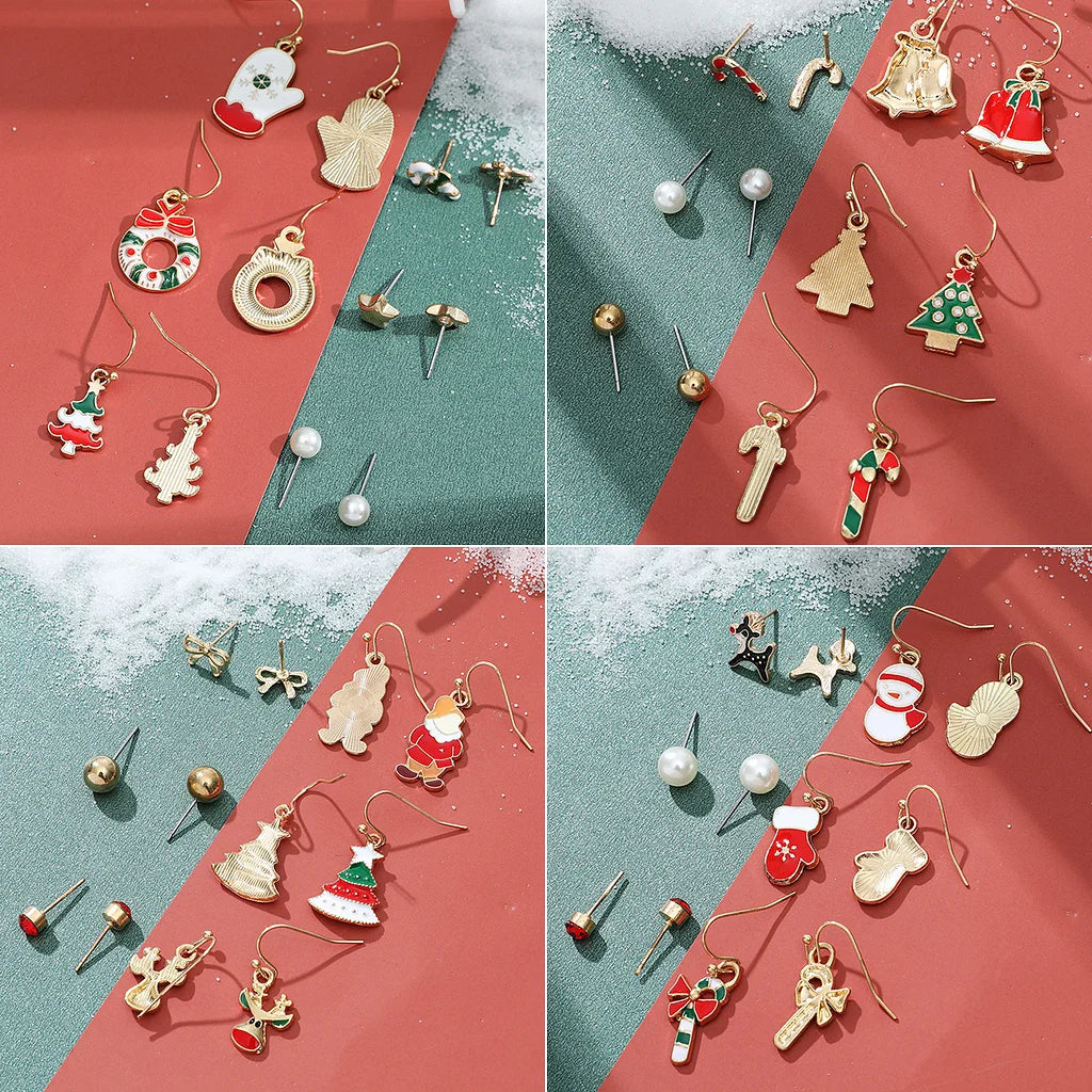 New Christmas Snowman Cane Earrings Set Cartoon Dripping Elk Wreath Earrings