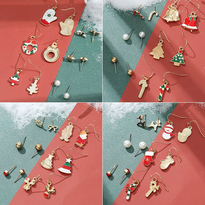 New Christmas Snowman Cane Earrings Set Cartoon Dripping Elk Wreath Earrings