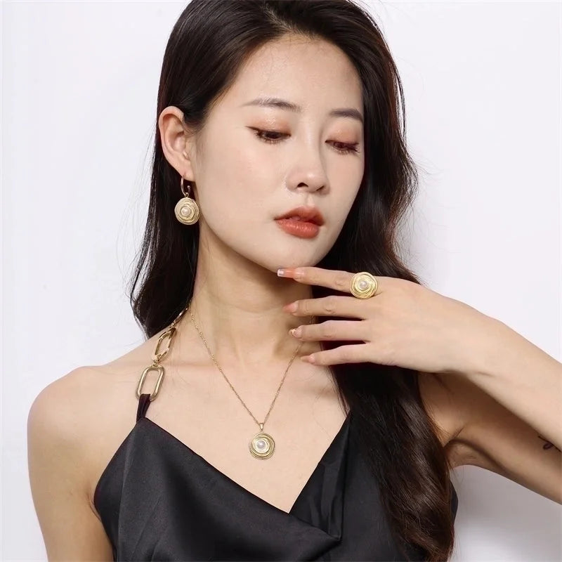 Elegant Lady Geometric 304 Stainless Steel Pearl 18K Gold Plated Plating Inlay Rings Earrings Necklace