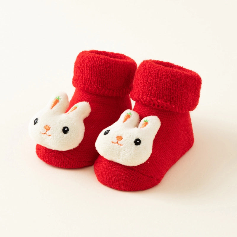 New Newborn Baby Socks Autumn And Winter A Cotton Red Terry Fleece-lined Thickened Non-slip Baby Christmas Floor Socks 1