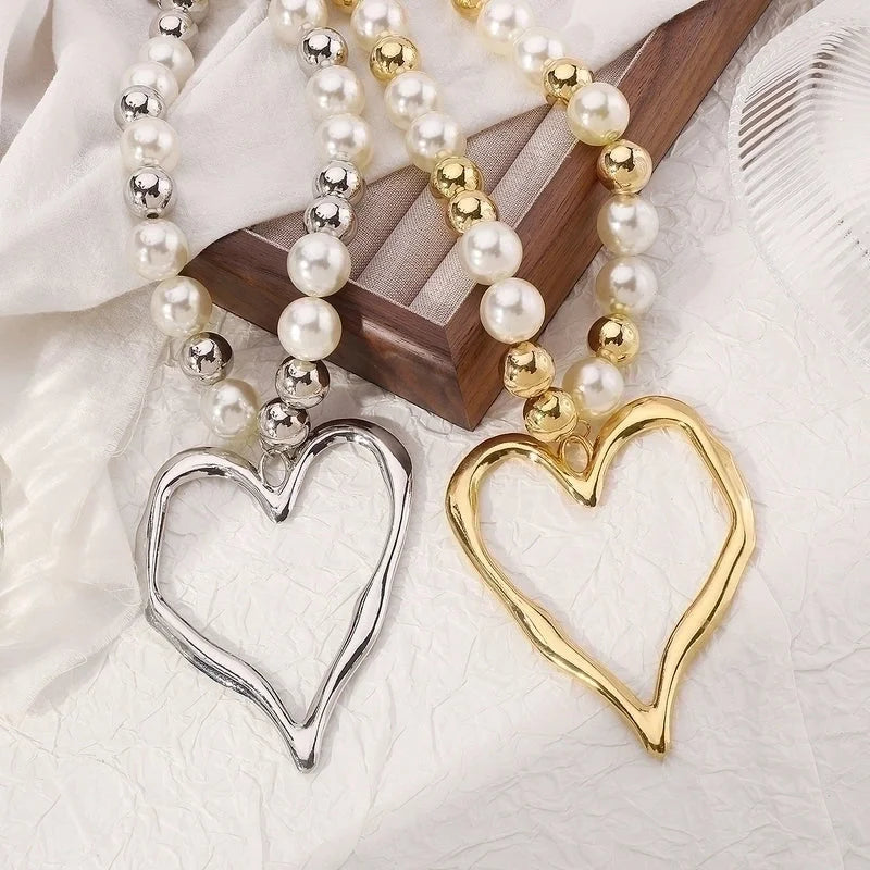 Exaggerated Beach Conch Heart Shape CCB Imitation Pearl Alloy Pendant Necklace