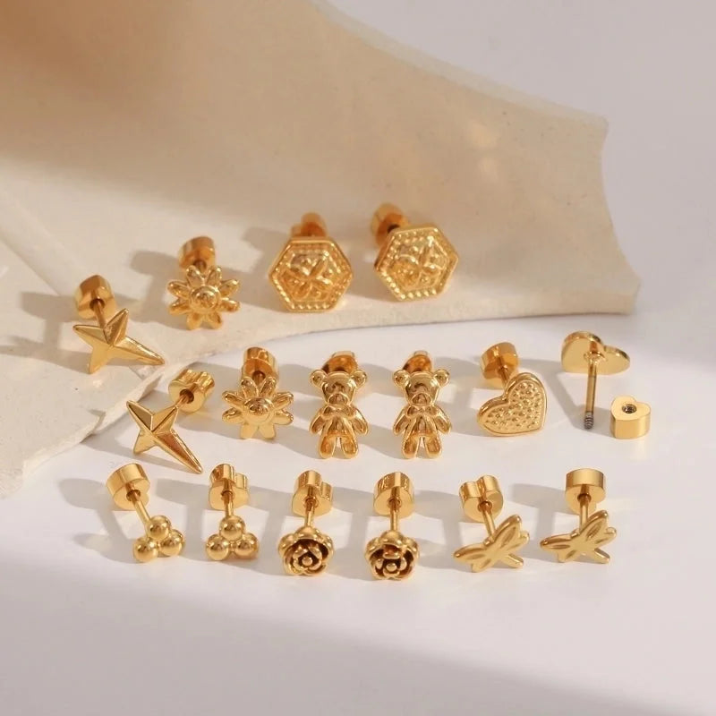 1 Pair IG Style Minimalist Commute Star Heart Shape Flower 304 Stainless Steel 14K Gold Plated Ear Studs