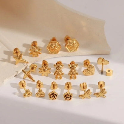 1 Pair IG Style Minimalist Commute Star Heart Shape Flower 304 Stainless Steel 14K Gold Plated Ear Studs