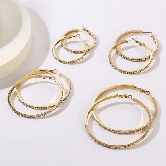 1 Pair Bridal Shiny Solid Color Plating Inlay Stainless Steel Artificial Diamond 18K Gold Plated Hoop Earrings