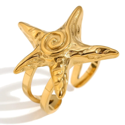 Retro Starfish Titanium Steel 18K Gold Plated Plating Rings Earrings Necklace