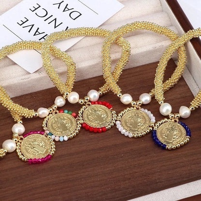 Copper 18K Gold Plated Handmade Pearl Human Round Virgin Mary Crystal Bracelets