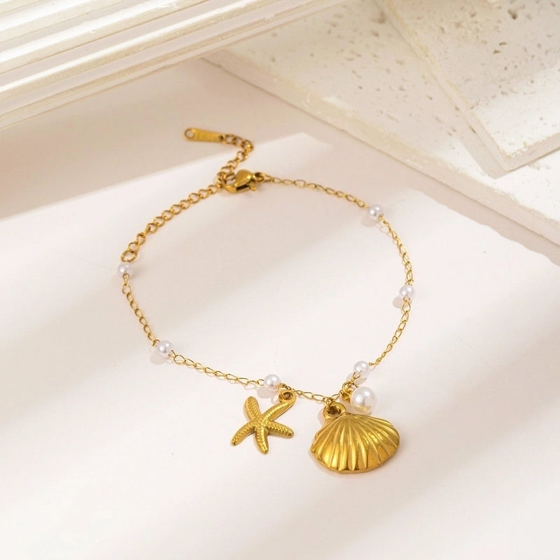 Vacation Marine Style Beach Starfish Shell 304 Stainless Steel Artificial Pearls 18K Gold Plated Polishing Plating Stainless Steel Jewelry Sets