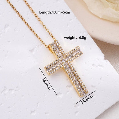 304 Stainless Steel Copper Inlay Cross Zircon Pendant Necklace