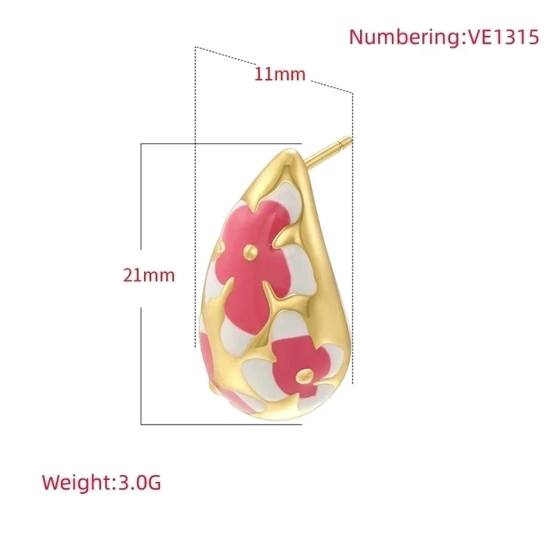 1 Pair Elegant Sweet Water Droplets Enamel Plating Copper 18K Gold Plated Ear Studs