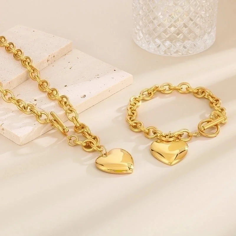 Minimalist Heart Shape Stainless Steel 18K Gold Plated Chain Bracelets Necklace