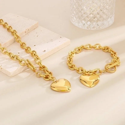 Minimalist Heart Shape Stainless Steel 18K Gold Plated Chain Bracelets Necklace