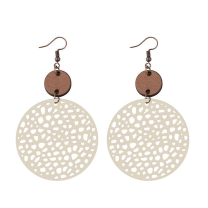 1 Pair Ethnic Style Round Patchwork Hollow Out Stainless Steel Wood Drop Earrings