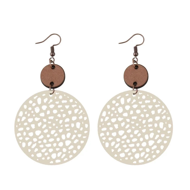 1 Pair Ethnic Style Round Patchwork Hollow Out Stainless Steel Wood Drop Earrings
