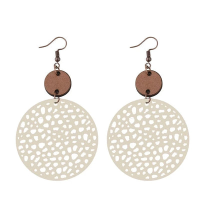 1 Pair Ethnic Style Round Patchwork Hollow Out Stainless Steel Wood Drop Earrings