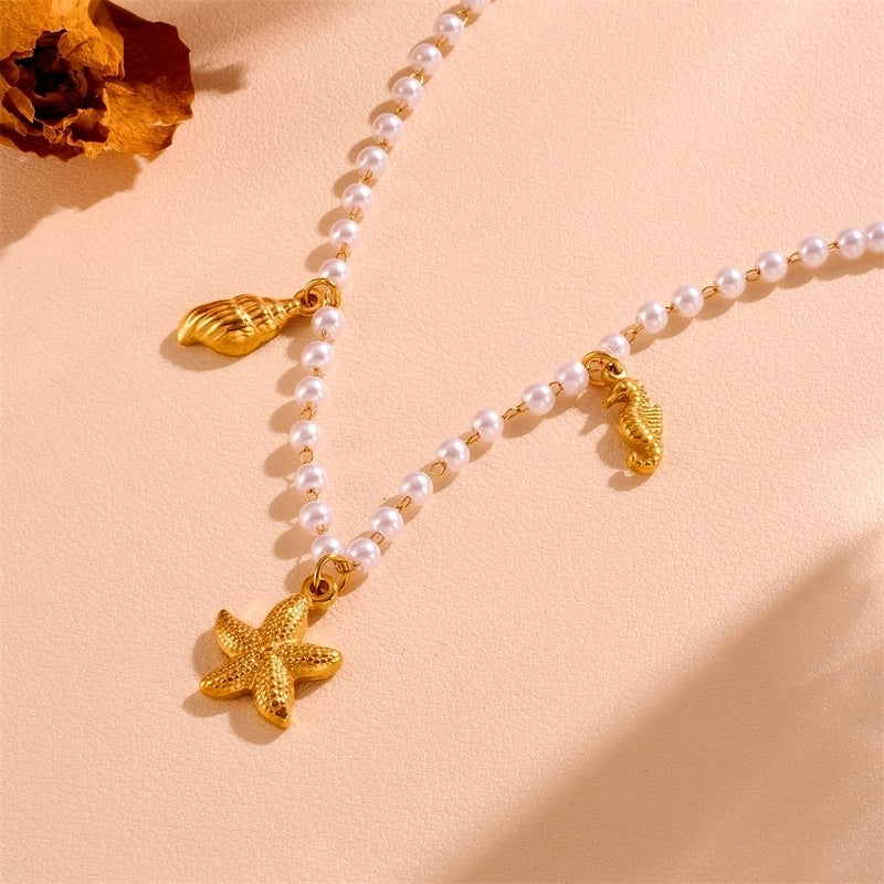 Cute Sweet Star Bow Knot Shell Titanium Steel Pearl 18K Gold Plated Hollow Out Inlay Pendant Necklace