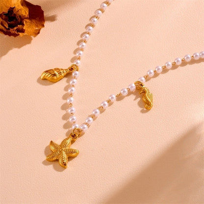 Cute Sweet Star Bow Knot Shell Titanium Steel Pearl 18K Gold Plated Hollow Out Inlay Pendant Necklace