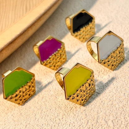 Casual Retro Hexagon 304 Stainless Steel 18K Gold Plated Enamel Open Rings