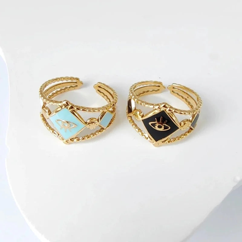 3 Pieces Casual Minimalist Leaves Eye 304 Stainless Steel 18K Gold Plated Enamel Hollow Out Open Rings