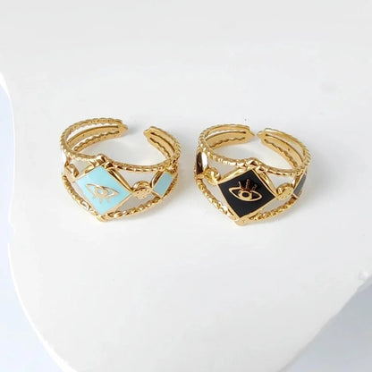 3 Pieces Casual Minimalist Leaves Eye 304 Stainless Steel 18K Gold Plated Enamel Hollow Out Open Rings