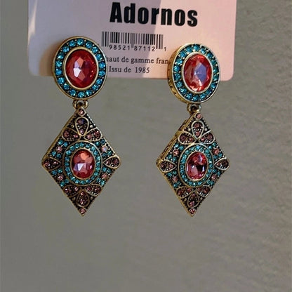 1 Pair Retro Color Block Heart Shape Pleated Inlay Copper Rhinestones Drop Earrings