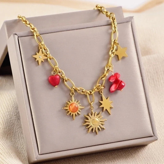 Elegant Streetwear Sun Star 304 Stainless Steel Plating Multi Charms Necklace