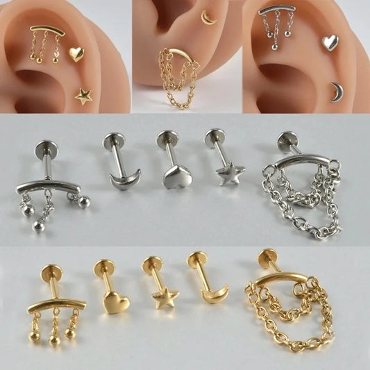 2 Pieces Lip Rings Casual Hawaiian Tropical Star Moon 304 Stainless Steel 18K Gold Plated Ear Cartilage Rings & Studs
