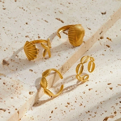 Marine Style Beach Minimalist Starfish Shell 304 Stainless Steel Open Rings