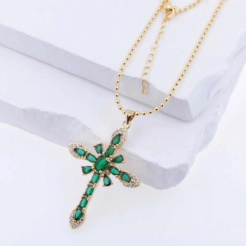 Copper 18K Gold Plated Plating Cross Zircon Pendant Necklace