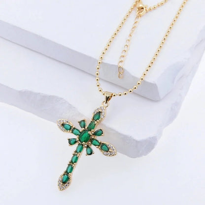 Copper 18K Gold Plated Plating Cross Zircon Pendant Necklace