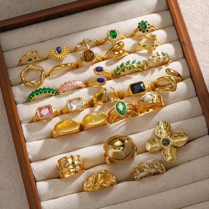 IG Style Geometric 304 Stainless Steel Artificial Pearls Zircon 18K Gold Plated Inlay Open Rings Rings